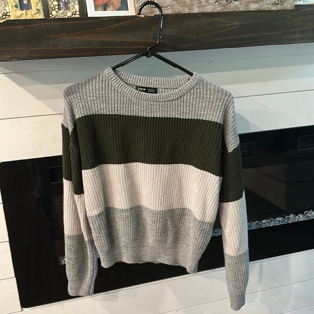 Grey, White, and Green Striped Sweater